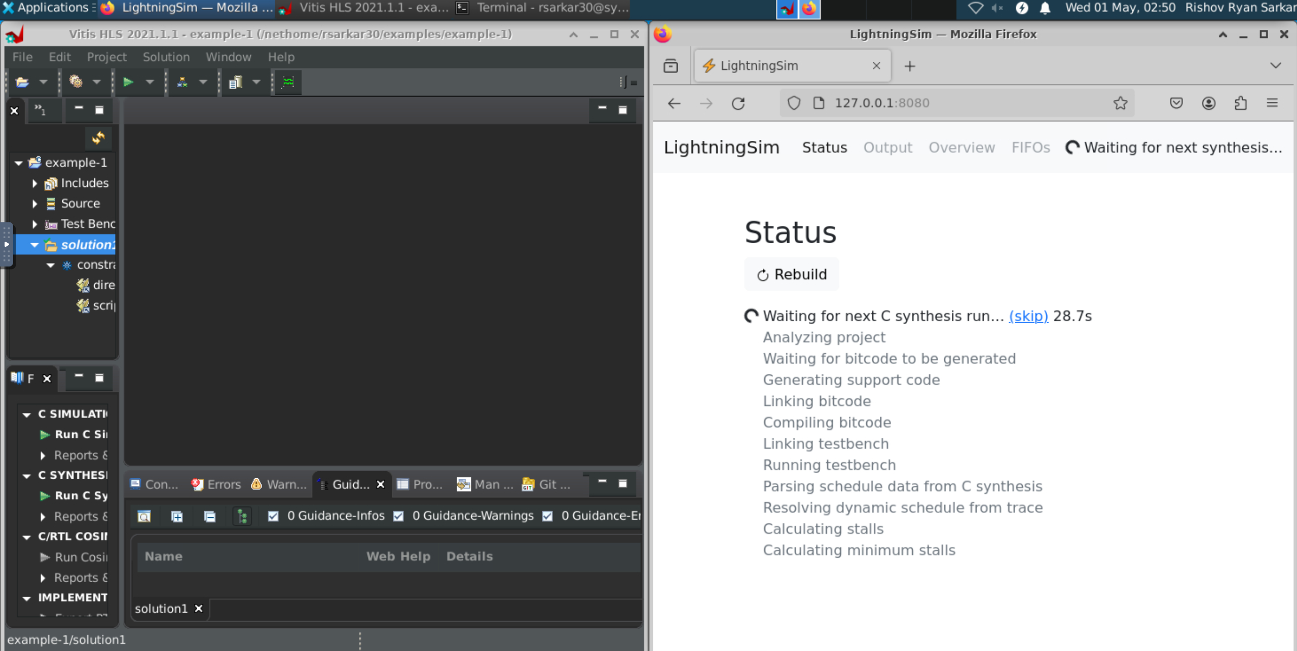 Screenshot of Vitis HLS and LightningSim side-by-side, where LightningSim is waiting for the next synthesis run.